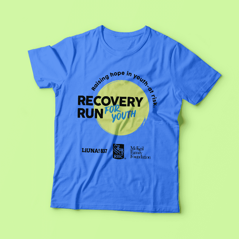 recovery run for youth logo mocked up on a blue t-shirt