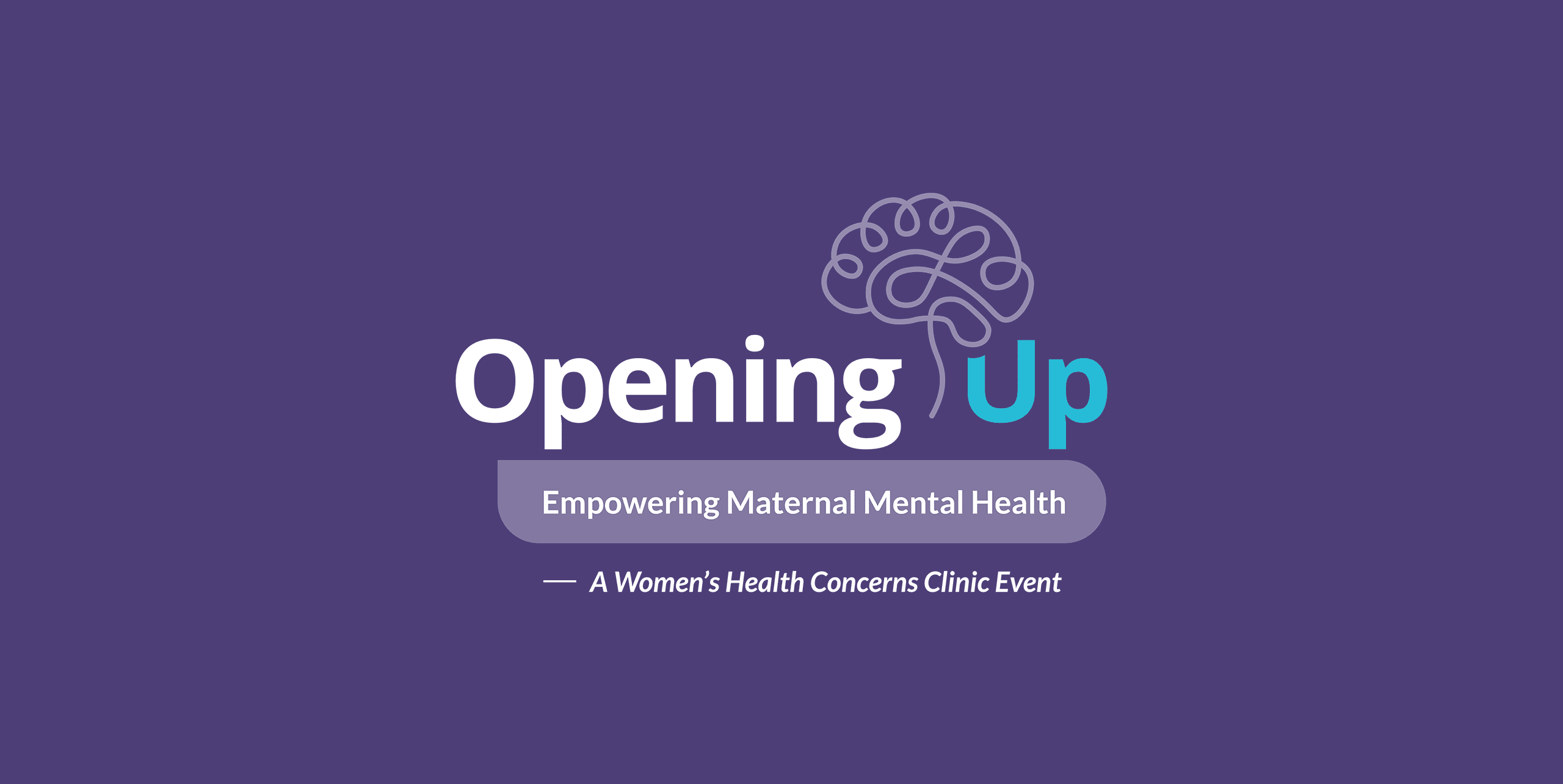 The logo for Opening Up featured on a purple background. The logo features an illustrative brain graphic and the subheading Empowering Maternal Mental Health