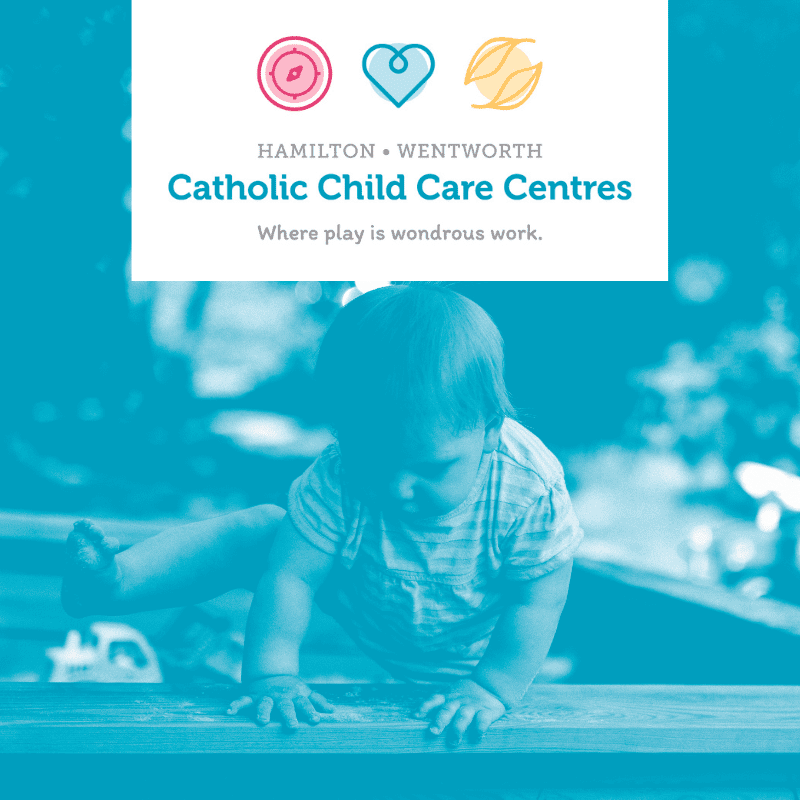 a toddler climbing on a small bench, with the hamilton wentworth catholic child care centres logo above