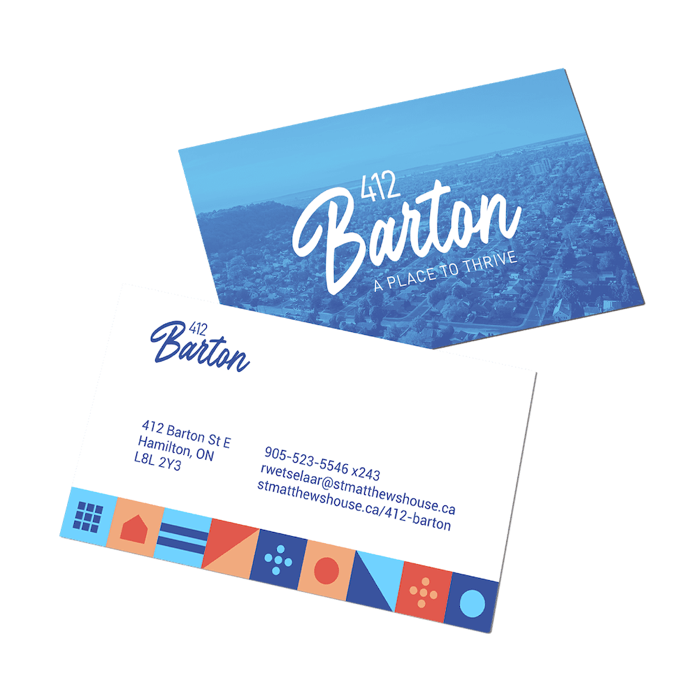 A mockup showing the front and back of a business card for 412 Barton.