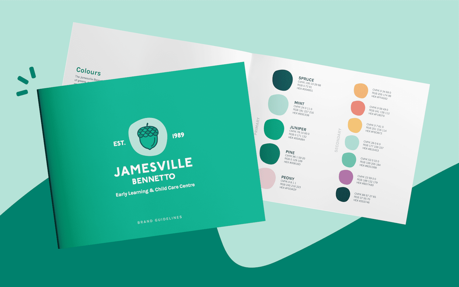 Brand guideline booklet for Jamesville Bennetto Early Learning & Child Care Centre shown on a split dark and light green background