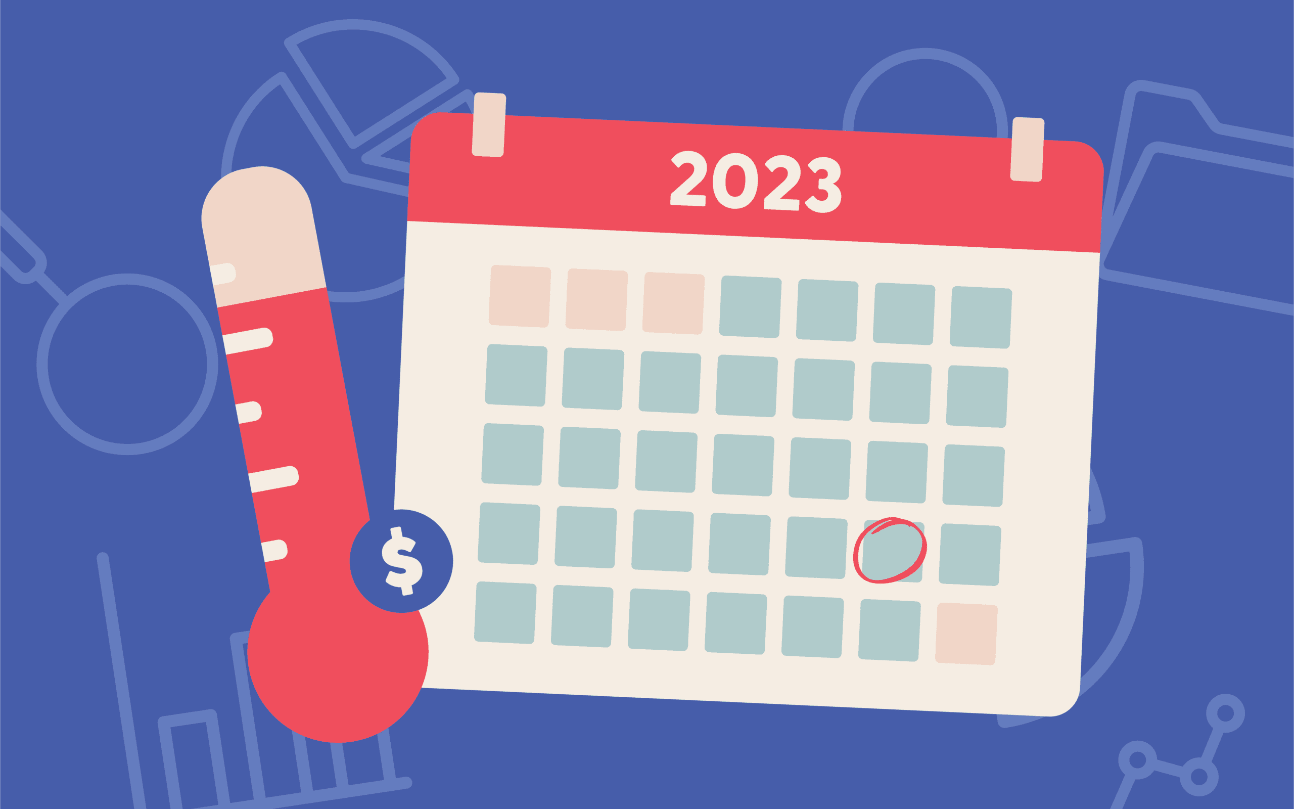 Illustration of a 2023 calendar and a money meter on a blue background with graph icons.