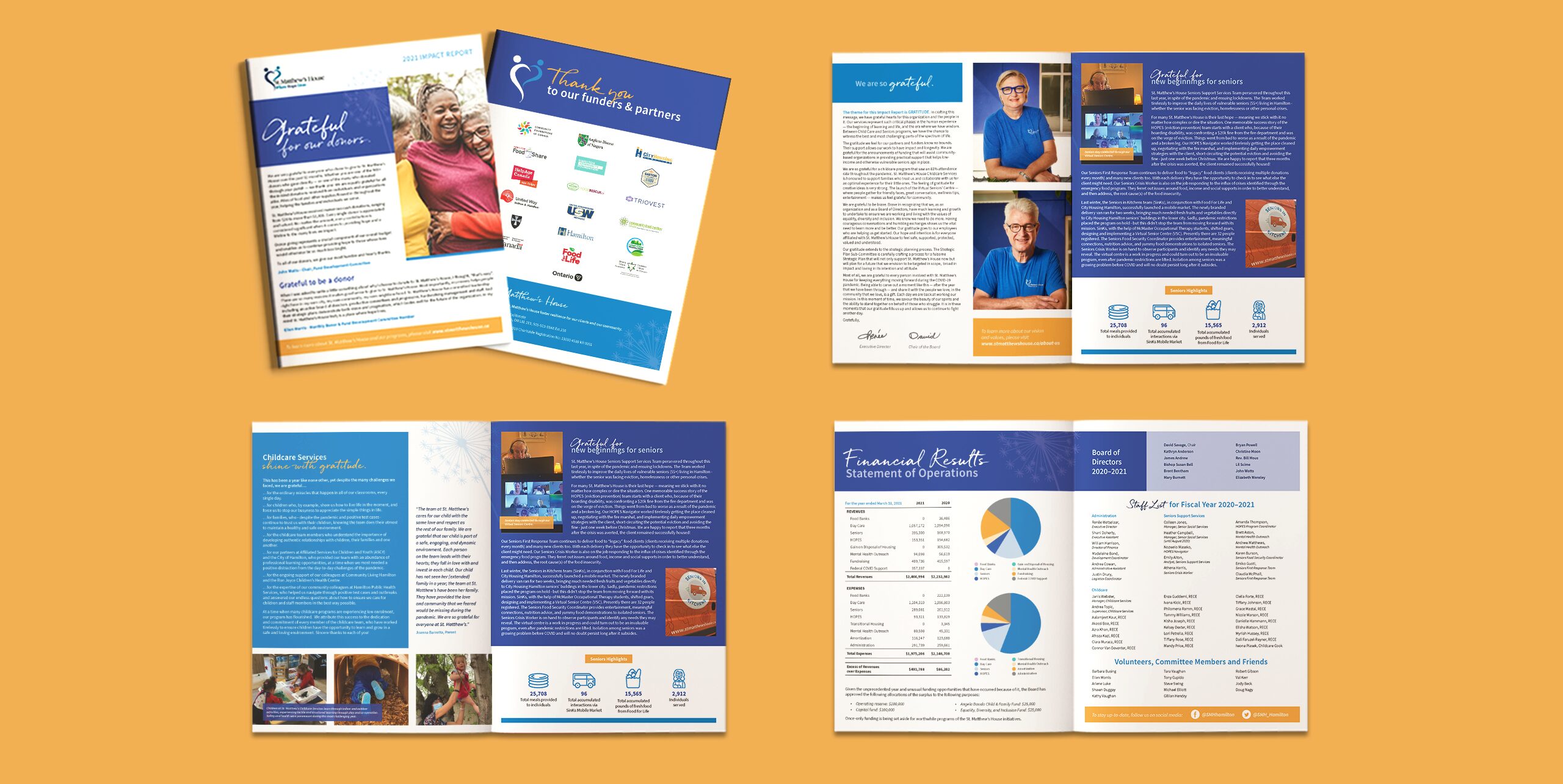 An open booklet for St. Matthew's House featuring sponsor logos, and text expressing gratitude for their donars. The booklet is laying face up on a blue background